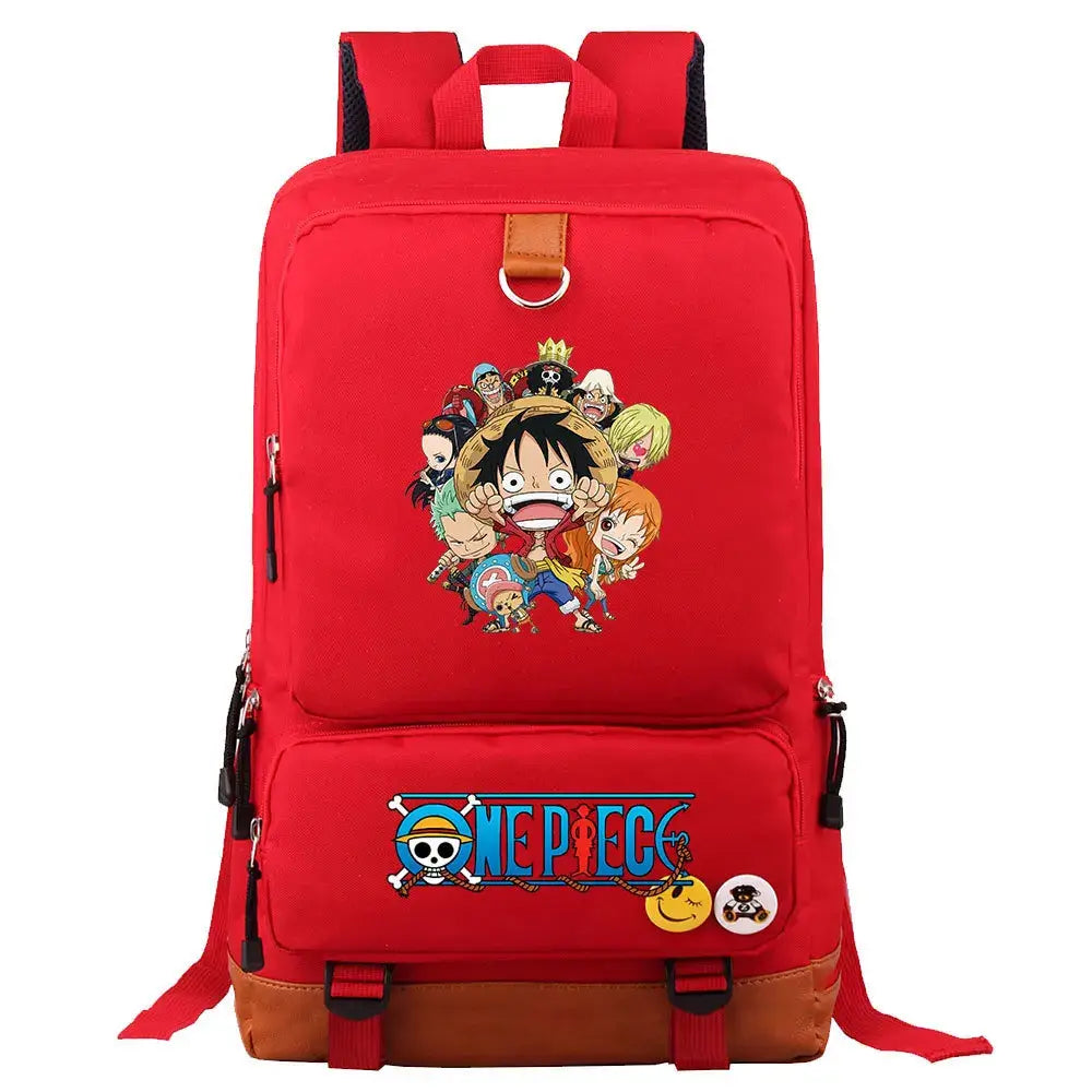 A large, unisex One Piece Luffy Printed Unisex Backpack suitable for school and travel, with compartments for a laptop and iPad.