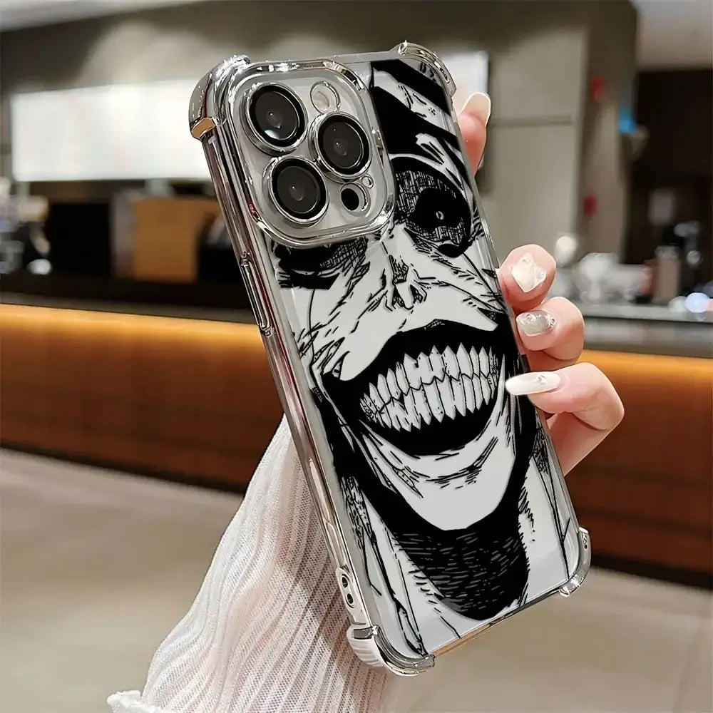 A luxury Solo Leveling Plating Case featuring Sung Jinwoo art with electroplated edges and anti-fall airbag corners for Apple iPhone 16 and 15.