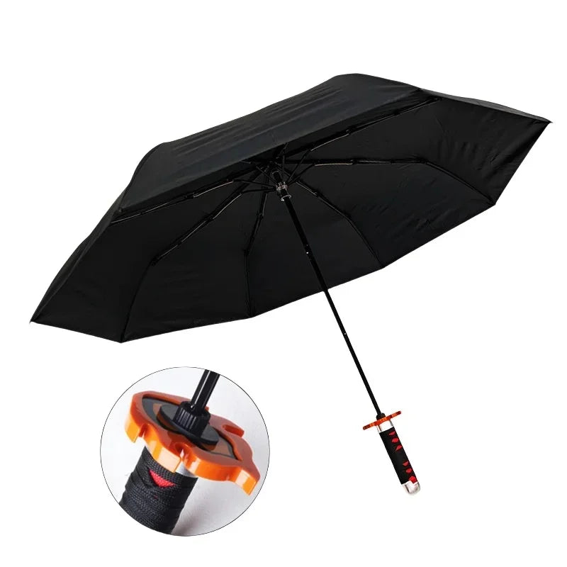 A black Tanjiro Katana Umbrella featuring a replica Nichirin sword handle and UV blocking canopy, inspired by the Demon Slayer anime.