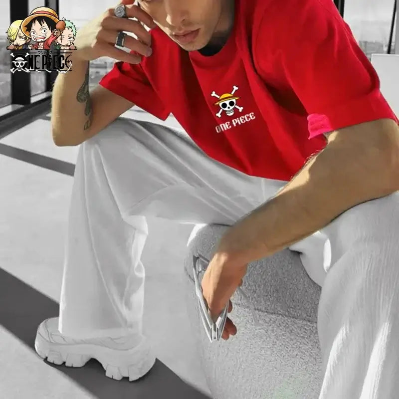 A fashionable One Piece Graphic T-Shirt in an oversized streetwear fit, featuring a high-quality anime print of Monkey D. Luffy and Roronoa Zoro.