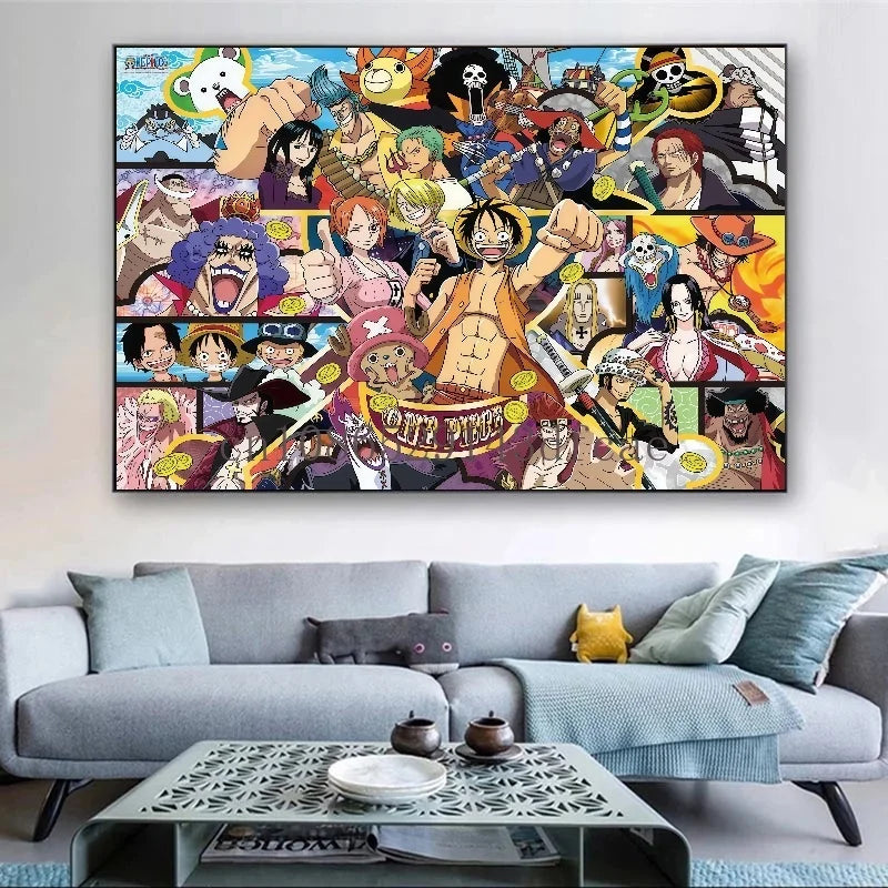 A high-definition One Piece Canvas Painting featuring Monkey D. Luffy in a watercolor art style, hanging on a modern living room wall.