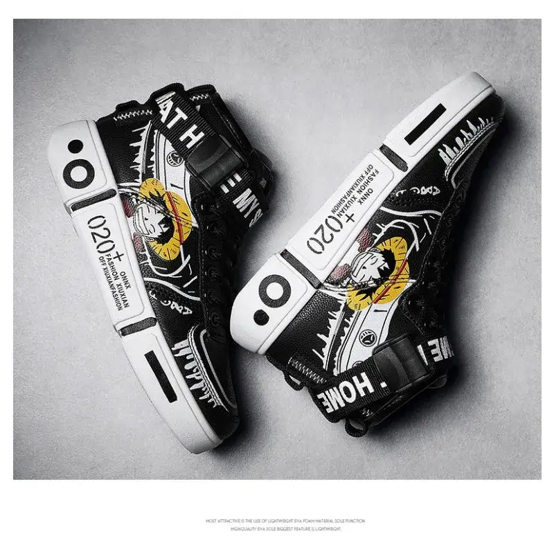 A pair of Anime One Piece Luffy High Top Shoes featuring Roronoa Zoro, designed as breathable, non-slip leisure sports sneakers for men and women.