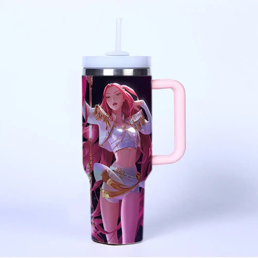 A 40oz stainless steel K-Pop Demon Hunters Cup featuring cartoon prints of anime girl group characters Rumi, Zoey, and Mira, designed for car travel.