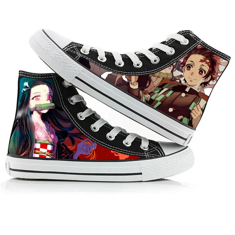 A pair of kawaii Anime Demon Slayer Canvas Shoes in a hand-painted high-top sneaker style for boys and girls.