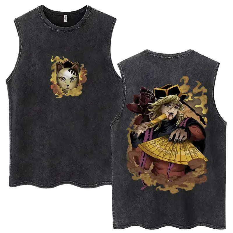 A washed retro Zenitsu Demon Slayer Tank Top featuring Agatsuma Zenitsu manga art, sleeveless cotton summer streetwear for men and women.