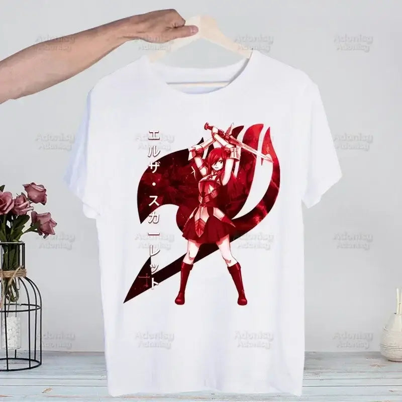 A hip hop style Fairy Tail T-shirt made of cotton featuring anime characters Natsu Dragneel and Lucy Heartfilia.