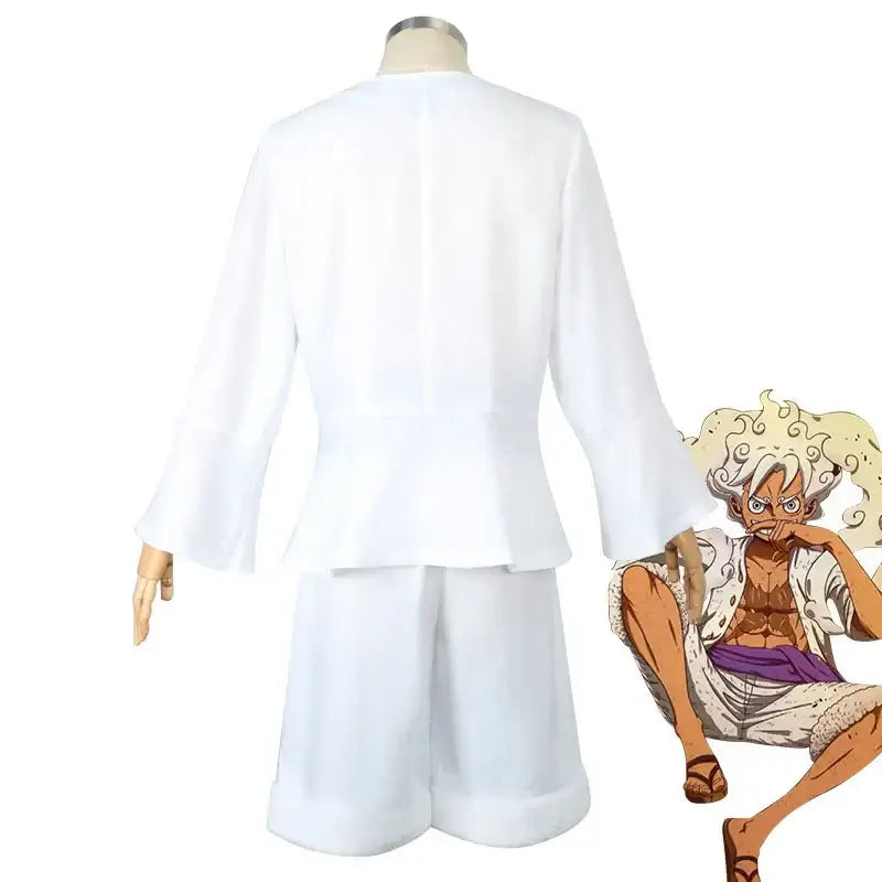 An adult wearing the 5-style Anime Monkey D Luffy Cosplay Costume from the Egghead arc, including the coat and hat.
