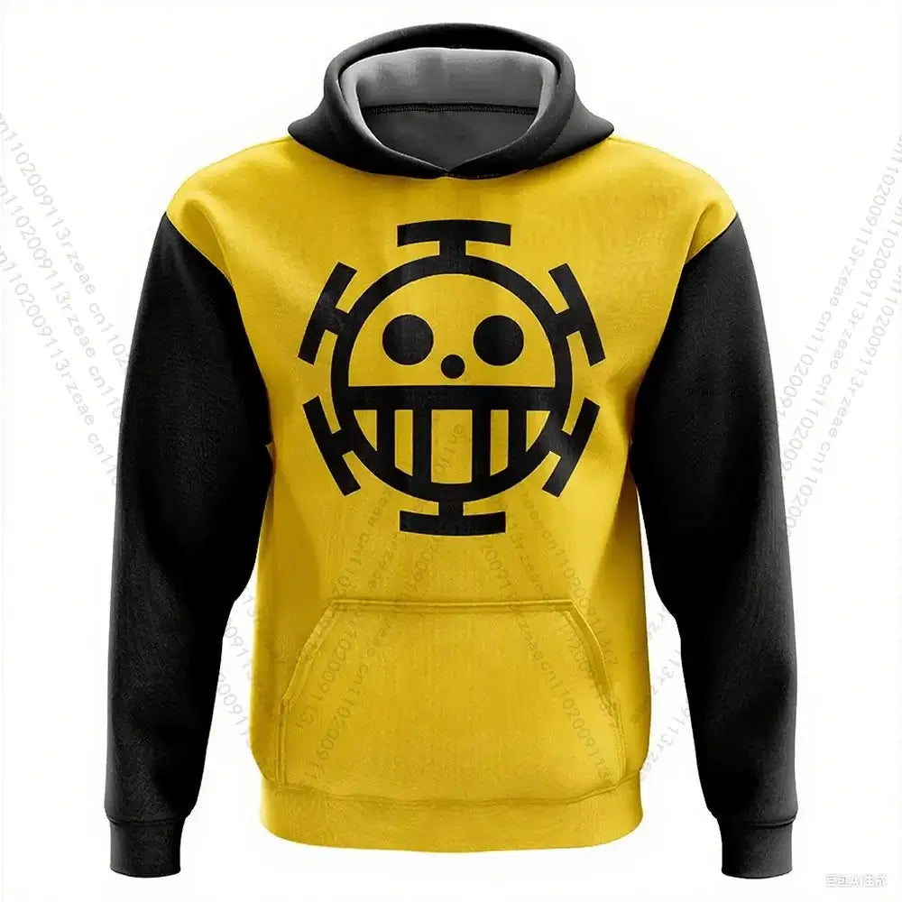 A men's Trafalgar Law Harajuku Hoodie with a cosplay print, designed as a breathable gym and outdoor sports sweatshirt.