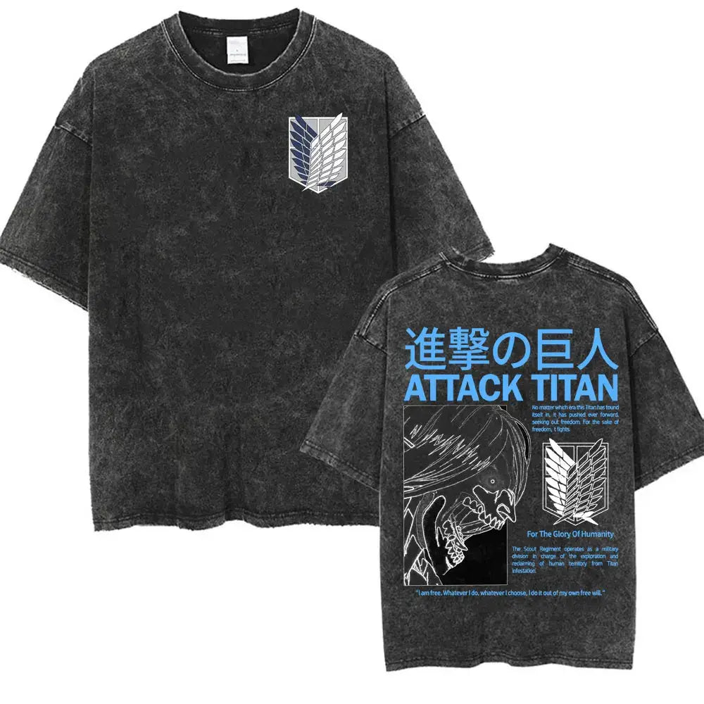 An oversized Attack on Titan Washed T-shirt featuring a vintage Levi Ackerman graphic, a stylish streetwear item for men and women.
