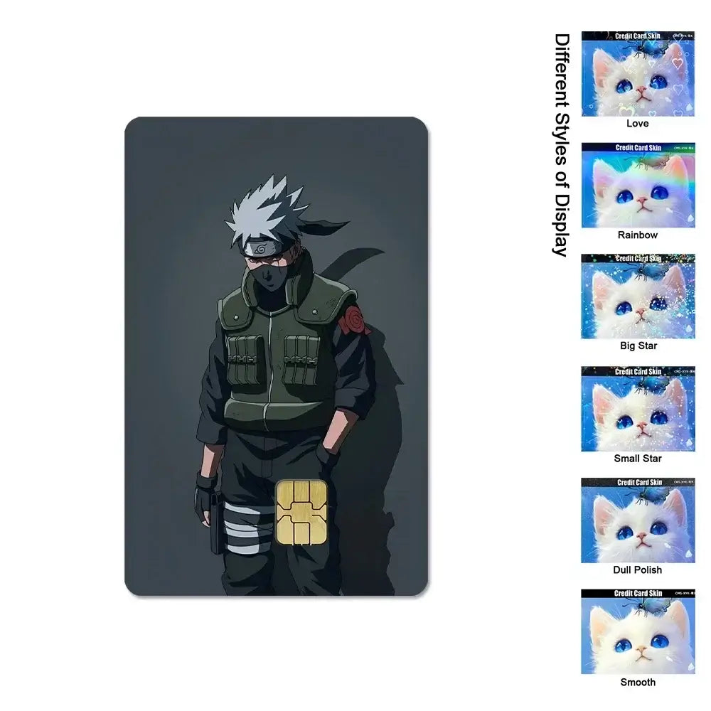 A waterproof Naruto Credit Card Skin PVC sticker featuring Uchiha Sasuke anime art applied to a standard debit bank card.
