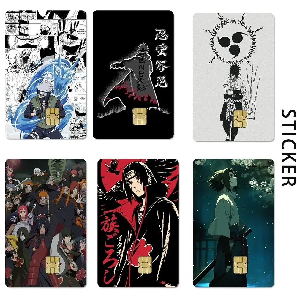 A waterproof Naruto Credit Card Skin PVC sticker featuring Uchiha Sasuke anime art applied to a standard debit bank card.