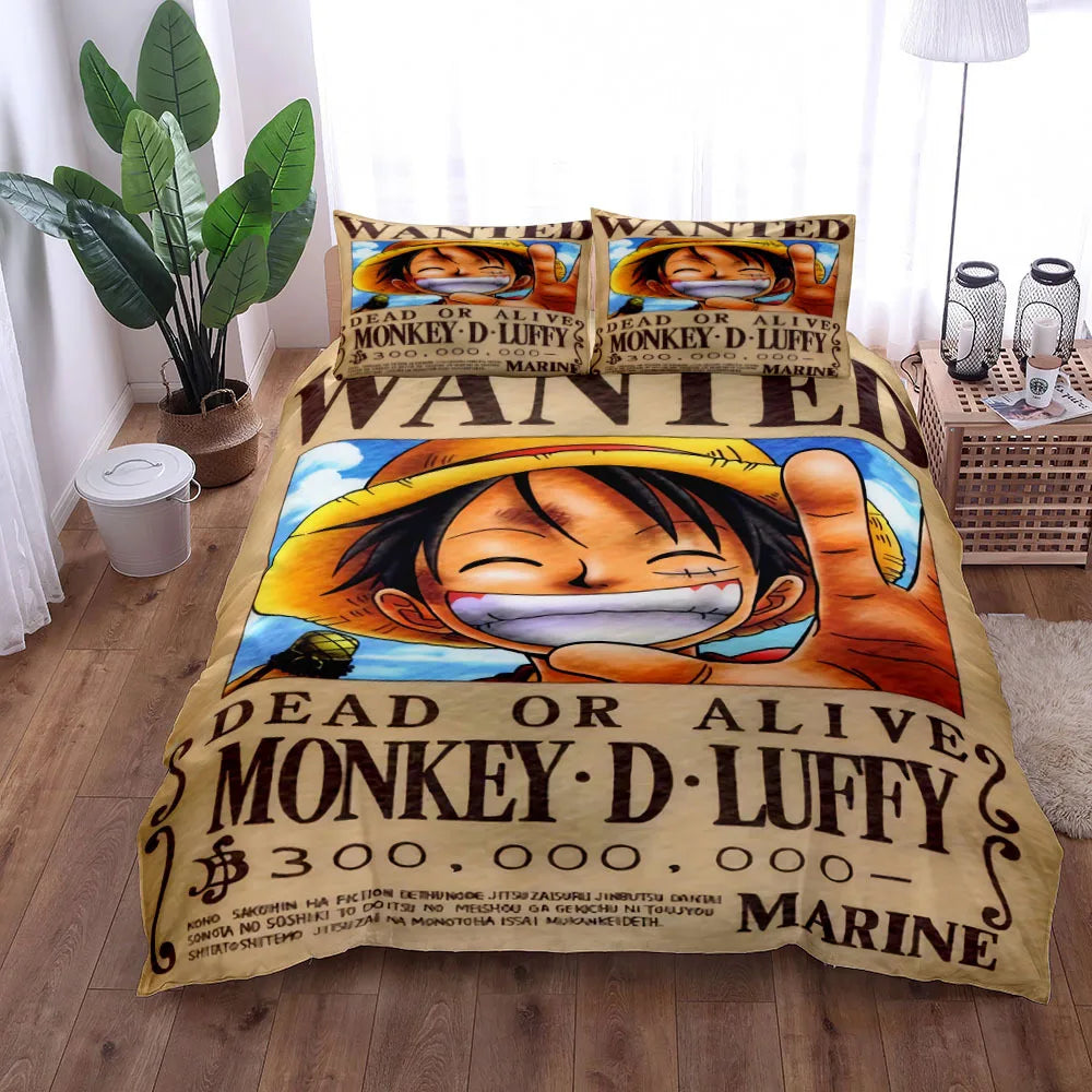 A vibrant One Piece Bedding Set featuring Monkey D. Luffy anime art on a duvet cover and pillowcase, designed for children's bedroom decor.