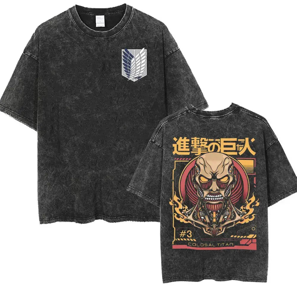 An oversized Attack on Titan Washed T-shirt featuring a vintage Levi Ackerman graphic, a stylish streetwear item for men and women.
