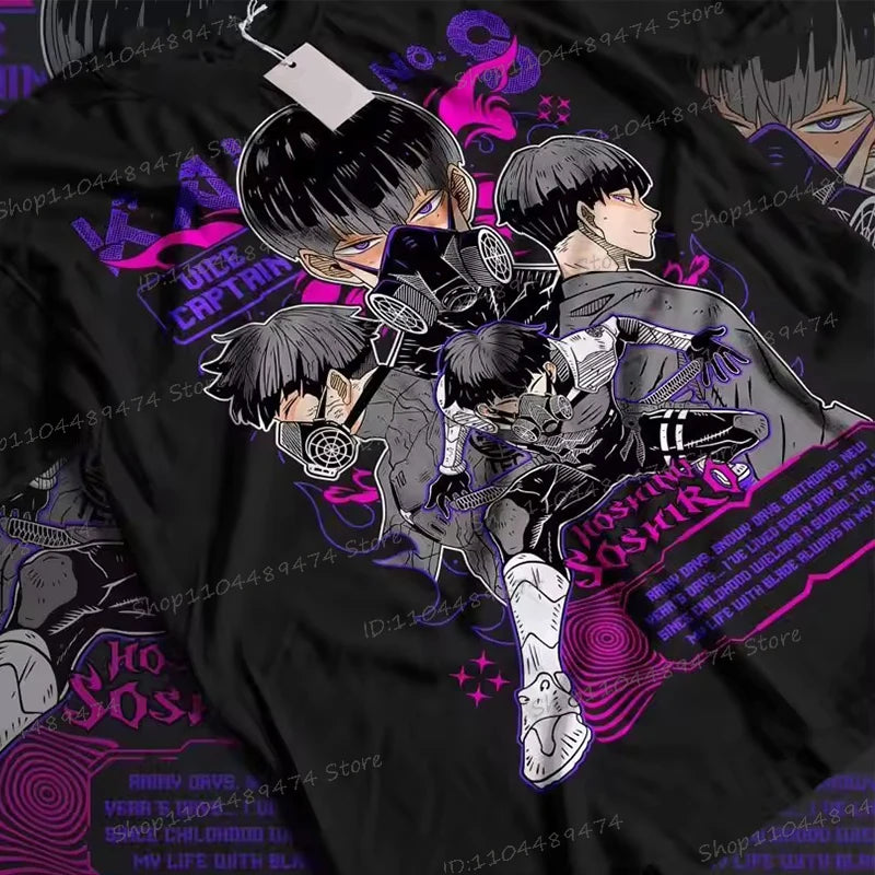 A trendy Y2K Anime Kaiju No 8 T-shirt with a creative Soshiro Hoshina print for men and women.