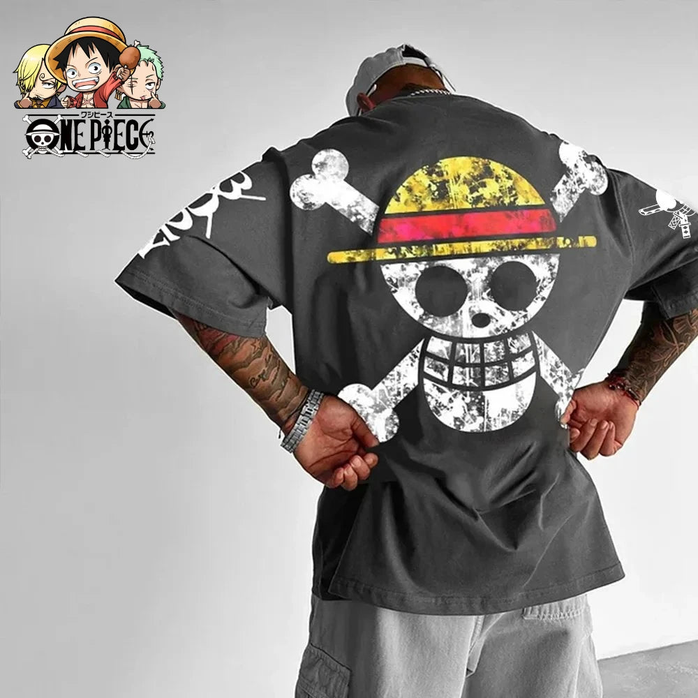 A trendy oversized One Piece Luffy T-Shirt made of soft cotton, featuring a Y2K anime graphic print for men's summer streetwear.