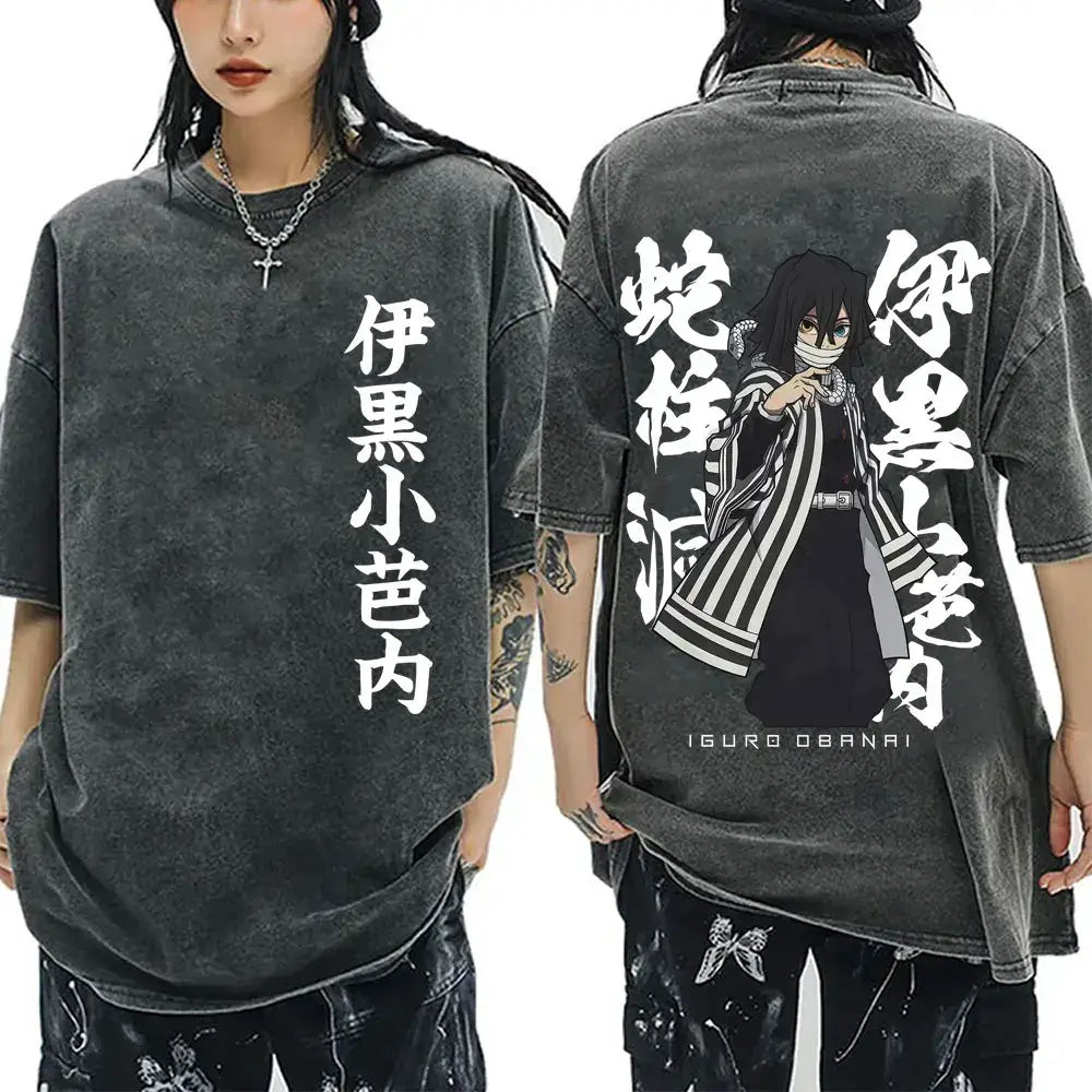 A vintage washed Demon Slayer Serpent Hashira Iguro Obanai T Shirt in a casual, oversized style for men and women.