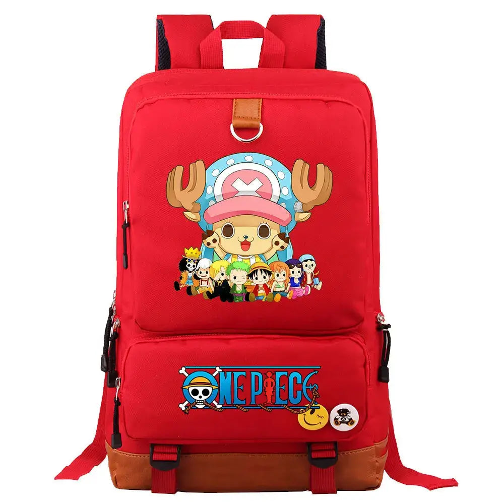 A large, unisex One Piece Luffy Printed Unisex Backpack suitable for school and travel, with compartments for a laptop and iPad.