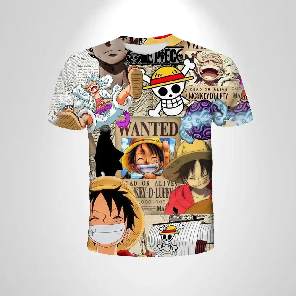 A black loose-fit One Piece Luffy T-shirt featuring a cartoon cosplay graphic of Monkey D. Luffy for men and boys.