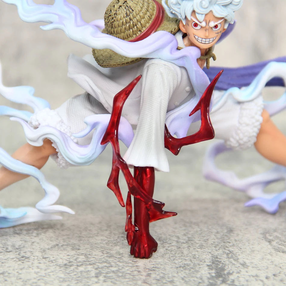 A detailed 20cm One Piece Luffy Figures statue showing Monkey D. Luffy in a dynamic battle style pose, made of PVC for anime collections.