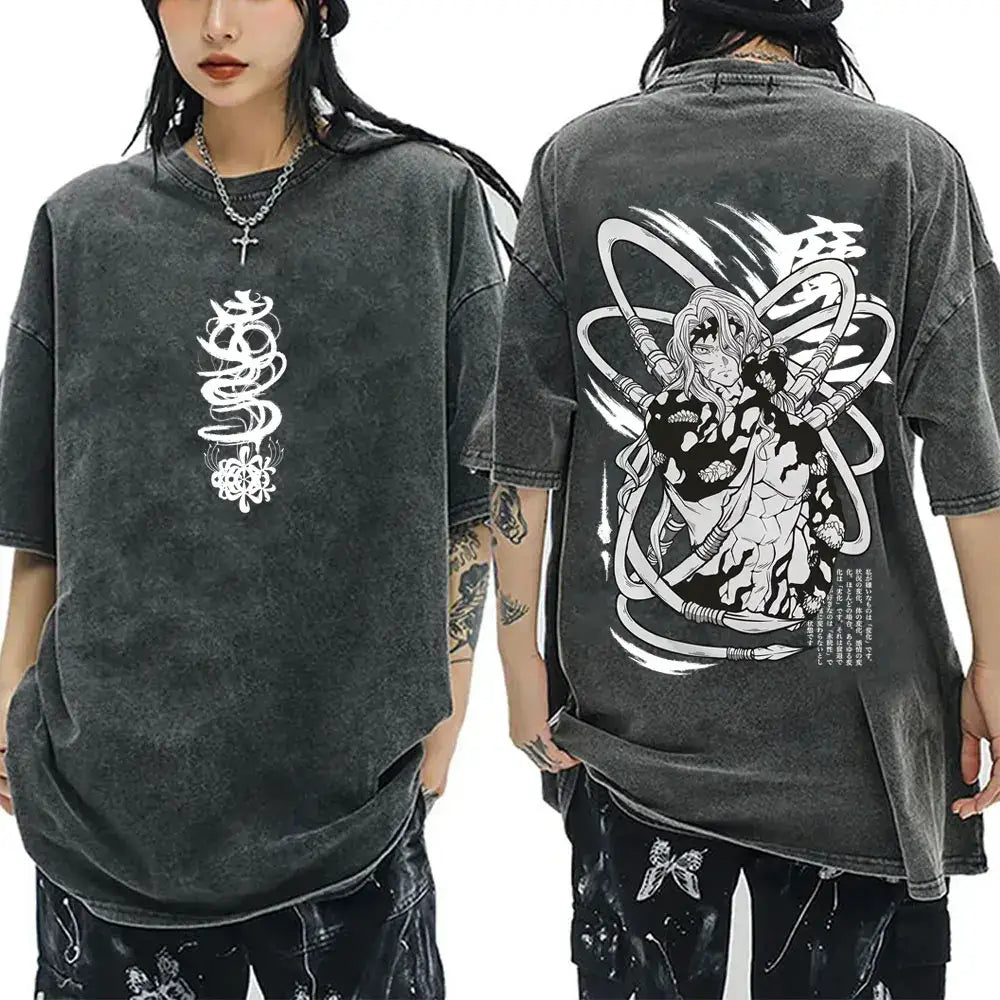 A washed black Demon Slayer Vintage T-Shirt made of 100% cotton, featuring an oversized cartoon anime graphic for men and women.