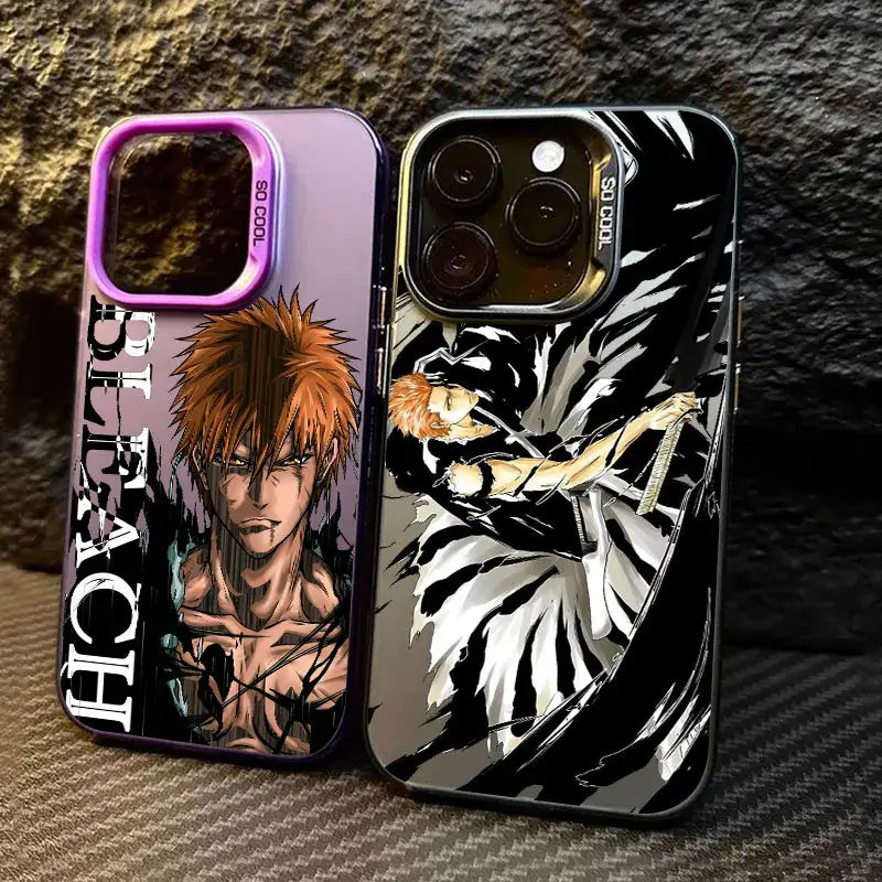 A shockproof Bleach Anime Phone Case featuring Ichigo Kurosaki and Rukia Kuchiki anime art, compatible with Apple iPhone 16e, 16, 15, and 14 Pro Max.