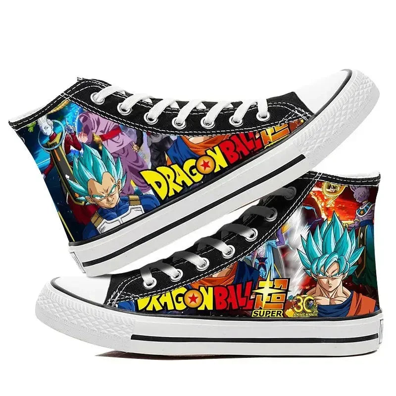 Trendy Dragon Ball High Top Canvas Shoes featuring Goku and Vegeta animation art, breathable flat sneakers for students and fans.