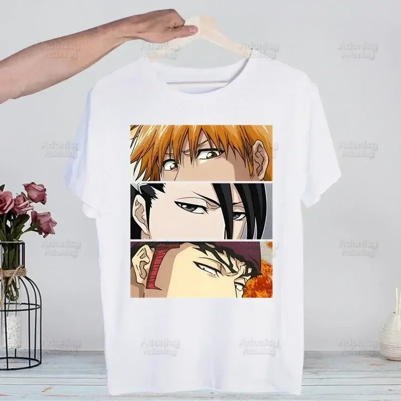 A men's Bleach Kurosaki Ichigo T-shirt in a funny Harajuku hip hop streetwear style for summer.