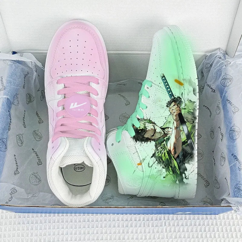 Trendy Roronoa Zoro Shoes featuring a green two-dimensional anime design, lightweight low-top sneakers for boys and men.