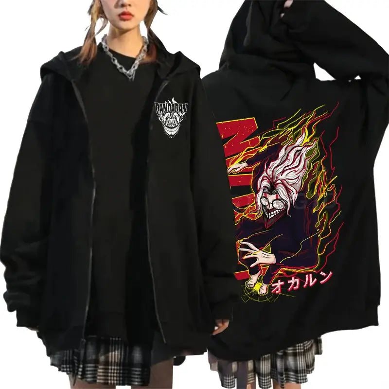 An oversized Anime Dandadan Ken Takakura Hoodie with a graphic print of Okarun, designed as a Harajuku male zipper jacket for men and women.