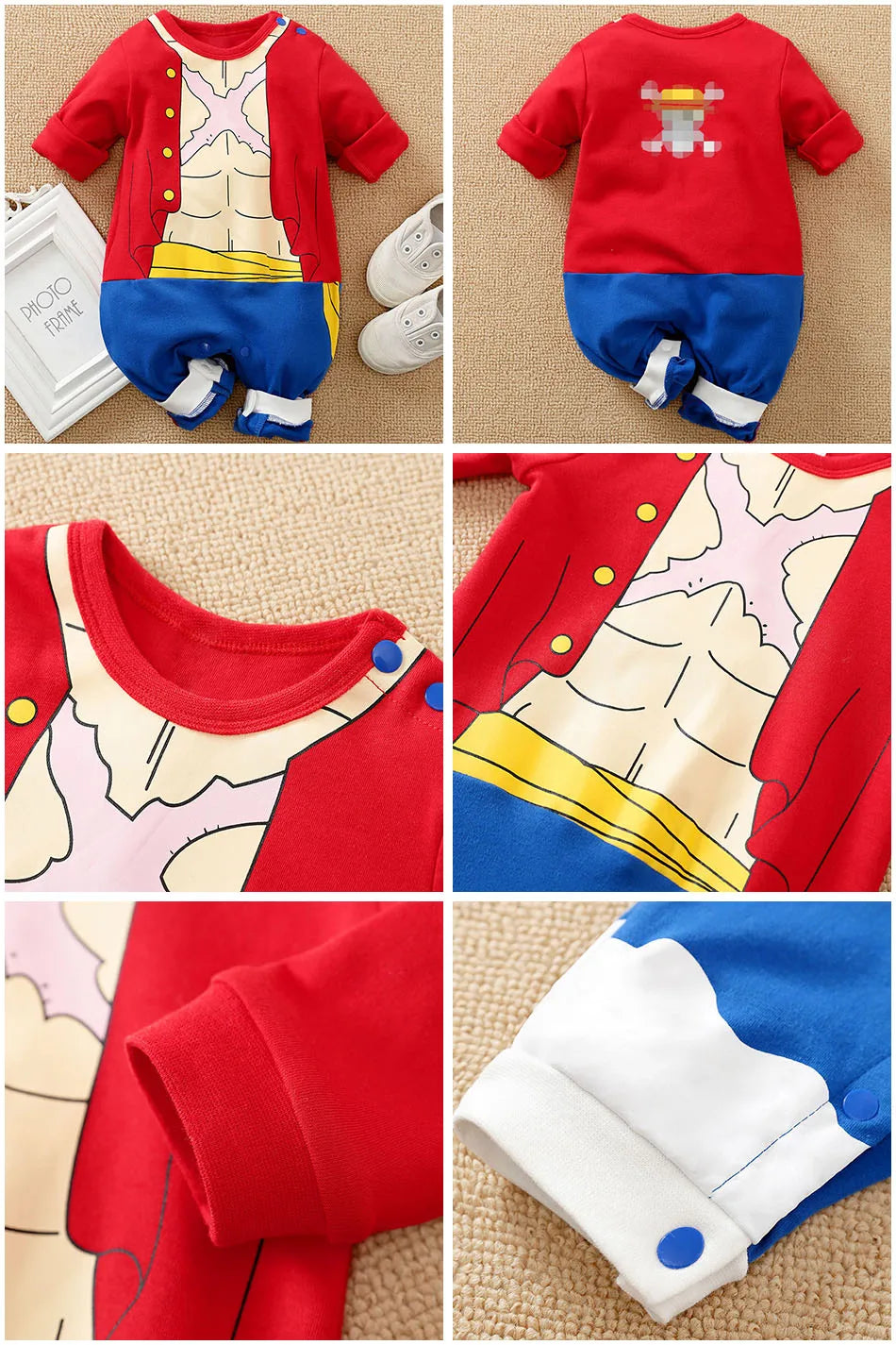 A newborn infant wearing the Baby Anime Costume, a cosplay jumpsuit available in Luffy, Akatsuki, and Vegeta styles.