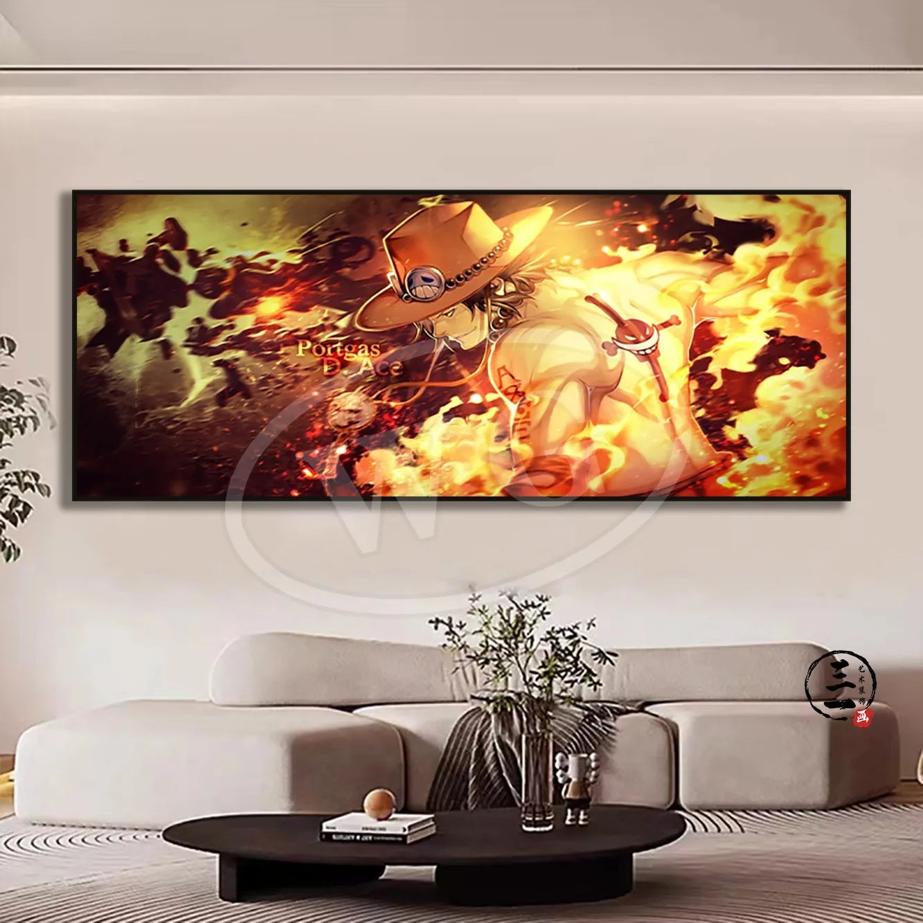 A high-quality One Piece decorative painting featuring Monkey D. Luffy, Roronoa Zoro, and Portgas D. Ace as a sofa background wall hanging.