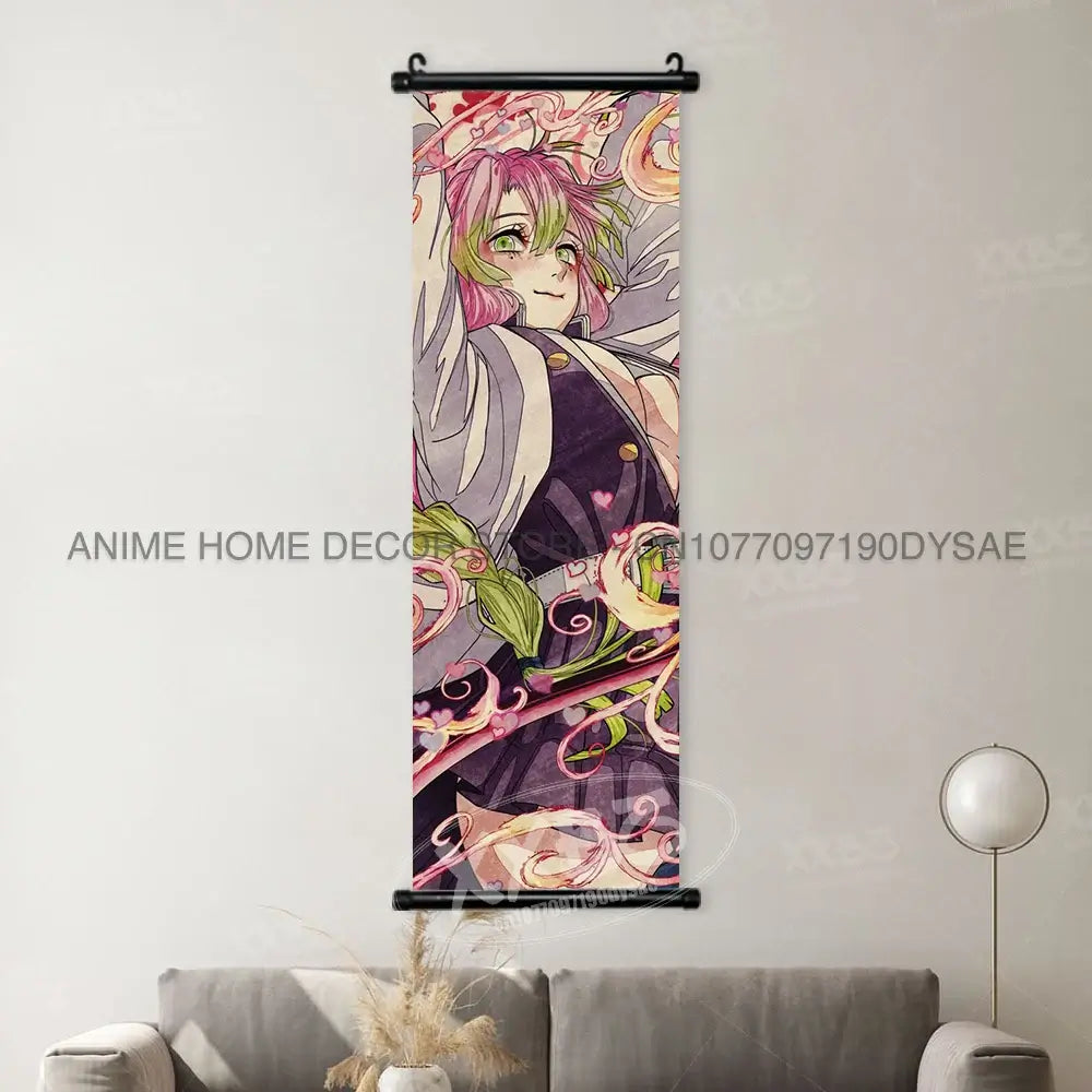 High-quality Demon Slayer Posters wall art scrolls featuring Hashira Kanroji Mitsuri, Iguro Obanai, and Tokitou Muichirou for home decor.