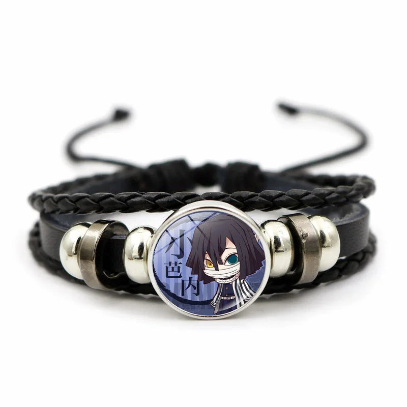 A woven leather Demon Slayer Bracelet featuring a glass art photo charm of Tanjiro Kamado and Nezuko, designed as an anime accessory for fans.