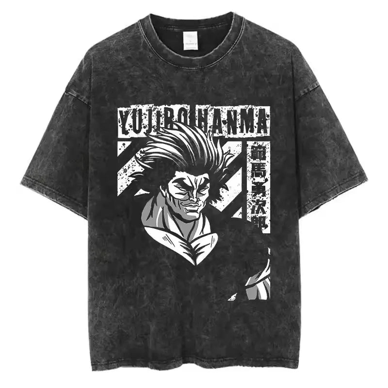 A high-quality pure cotton Baki Anime T-shirt featuring a graphic print of Baki Hanma, designed as a casual loose fit top for men and women.