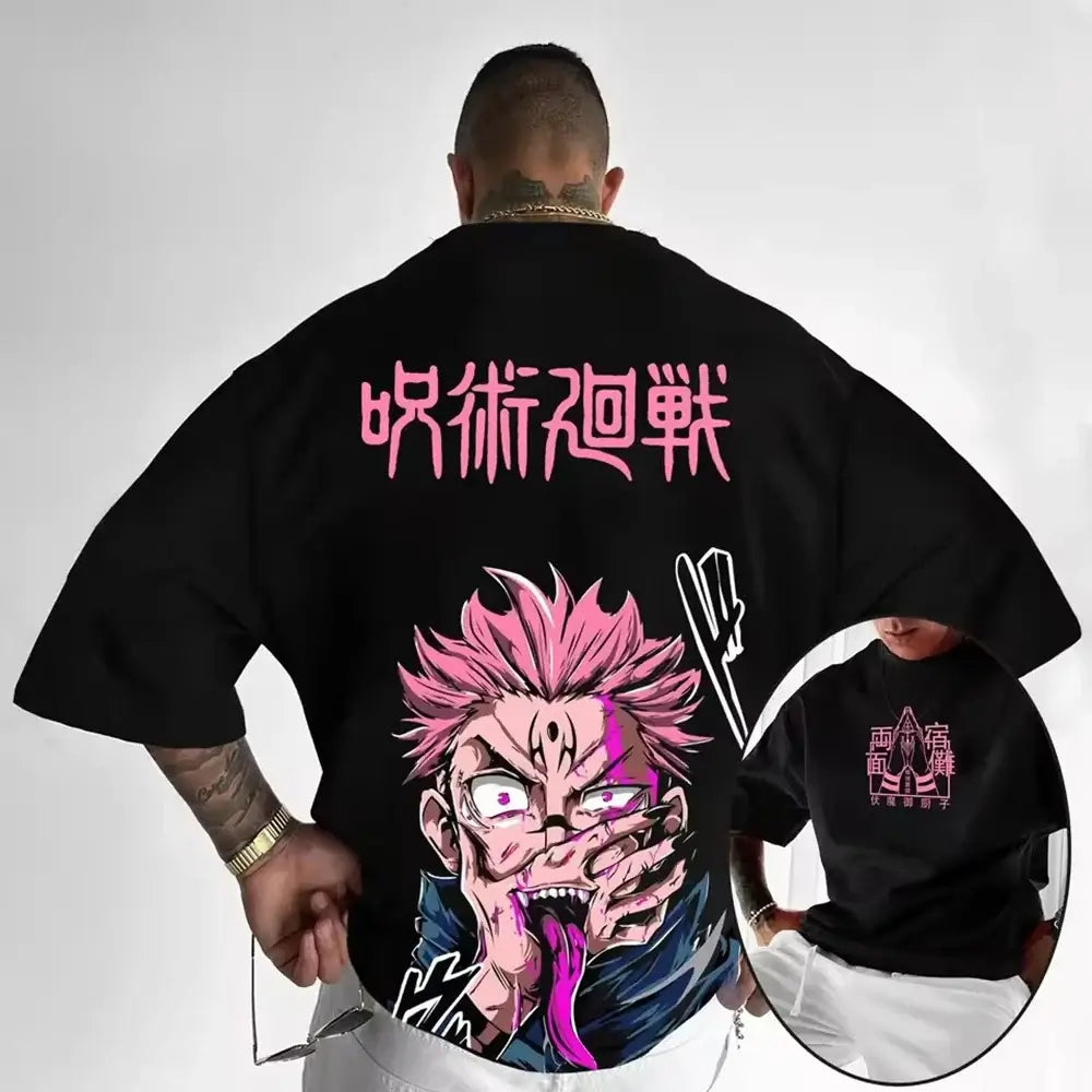 A black Jujutsu Kaisen T-Shirt for men featuring a high-definition anime graphic print, styled for casual streetwear.