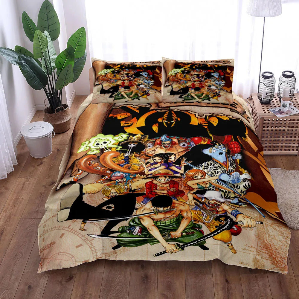 A vibrant One Piece Bedding Set featuring Monkey D. Luffy anime art on a duvet cover and pillowcase, designed for children's bedroom decor.
