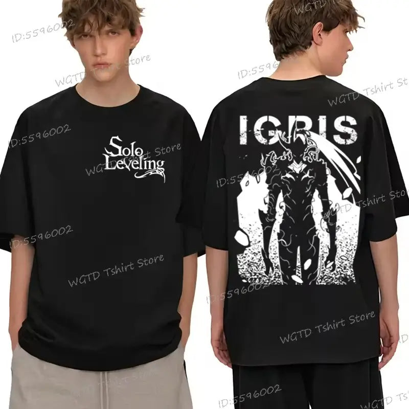 A black Solo Leveling T-shirt featuring a graphic of Igris on the back, suitable for anime fans.