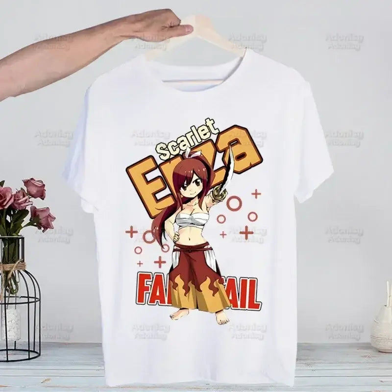 A hip hop style Fairy Tail T-shirt made of cotton featuring anime characters Natsu Dragneel and Lucy Heartfilia.