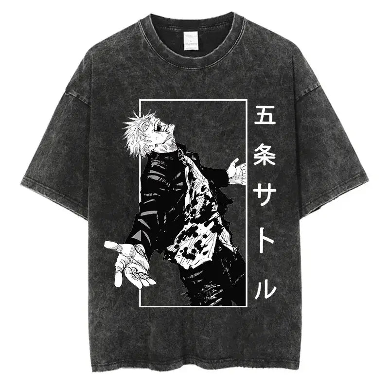 A vintage-style Anime Washed T-shirt made of 100% cotton, featuring an oversized Harajuku streetwear fit for men and women.