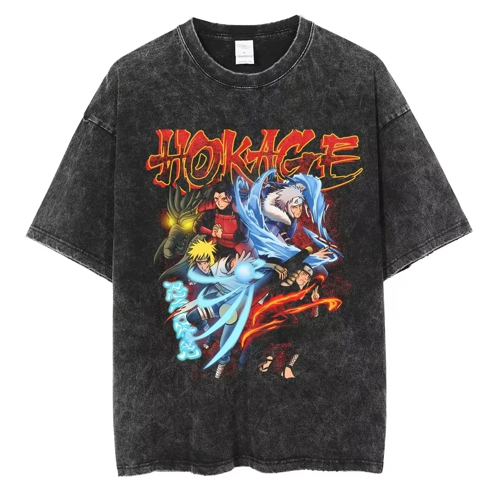 A washed black Naruto Vintage T-Shirt featuring a hip hop style anime print, designed as Harajuku streetwear for men and women.