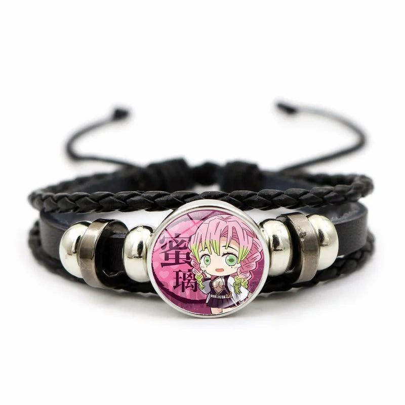 A woven leather Demon Slayer Bracelet featuring a glass art photo charm of Tanjiro Kamado and Nezuko, designed as an anime accessory for fans.