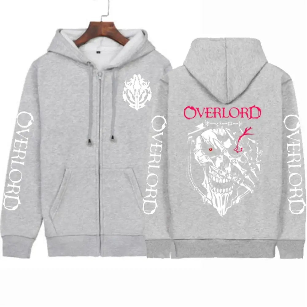 A unisex Overlord Cosplay Horror Skull Hoodie with a zip-up front, designed as Harajuku sportswear.