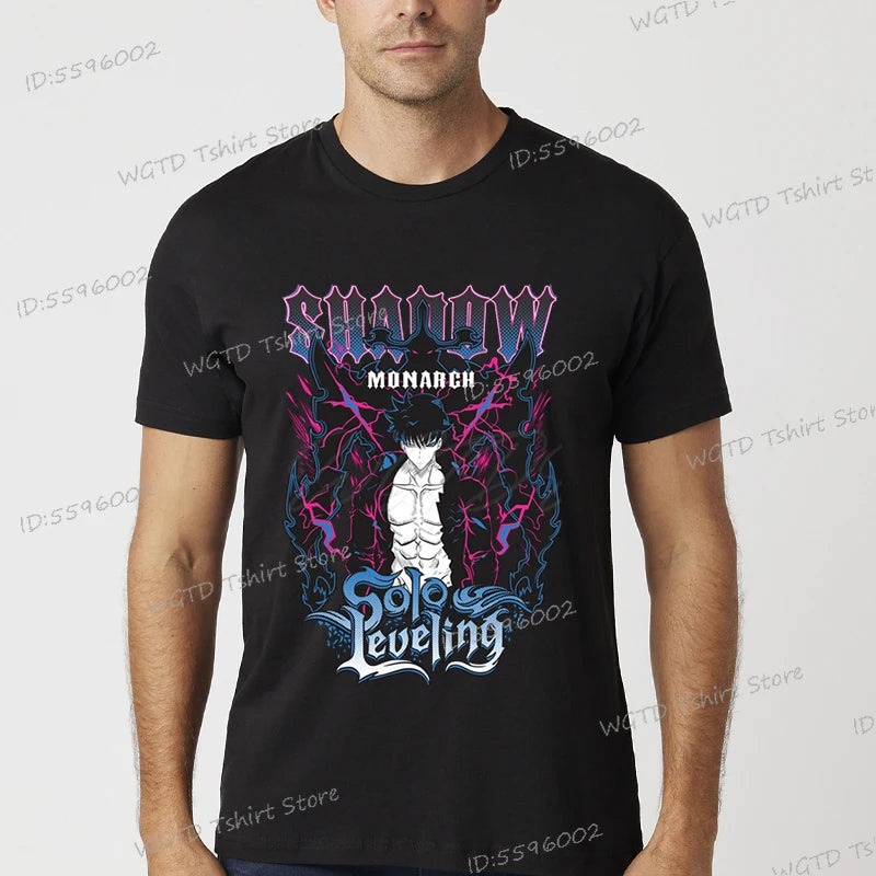 A vintage black Solo Leveling Anime T-Shirt featuring a funny Sung Jinwoo graphic print, available in sizes S to 4XL for men and women.