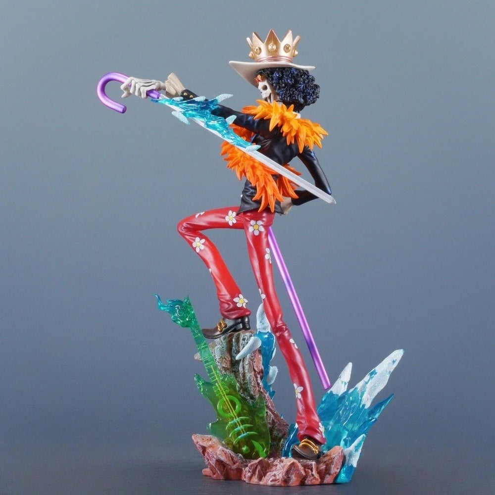 A high-quality 33cm One Piece Brook Figure made of PVC, featuring the Soul King in a dynamic pose for anime desktop decoration.