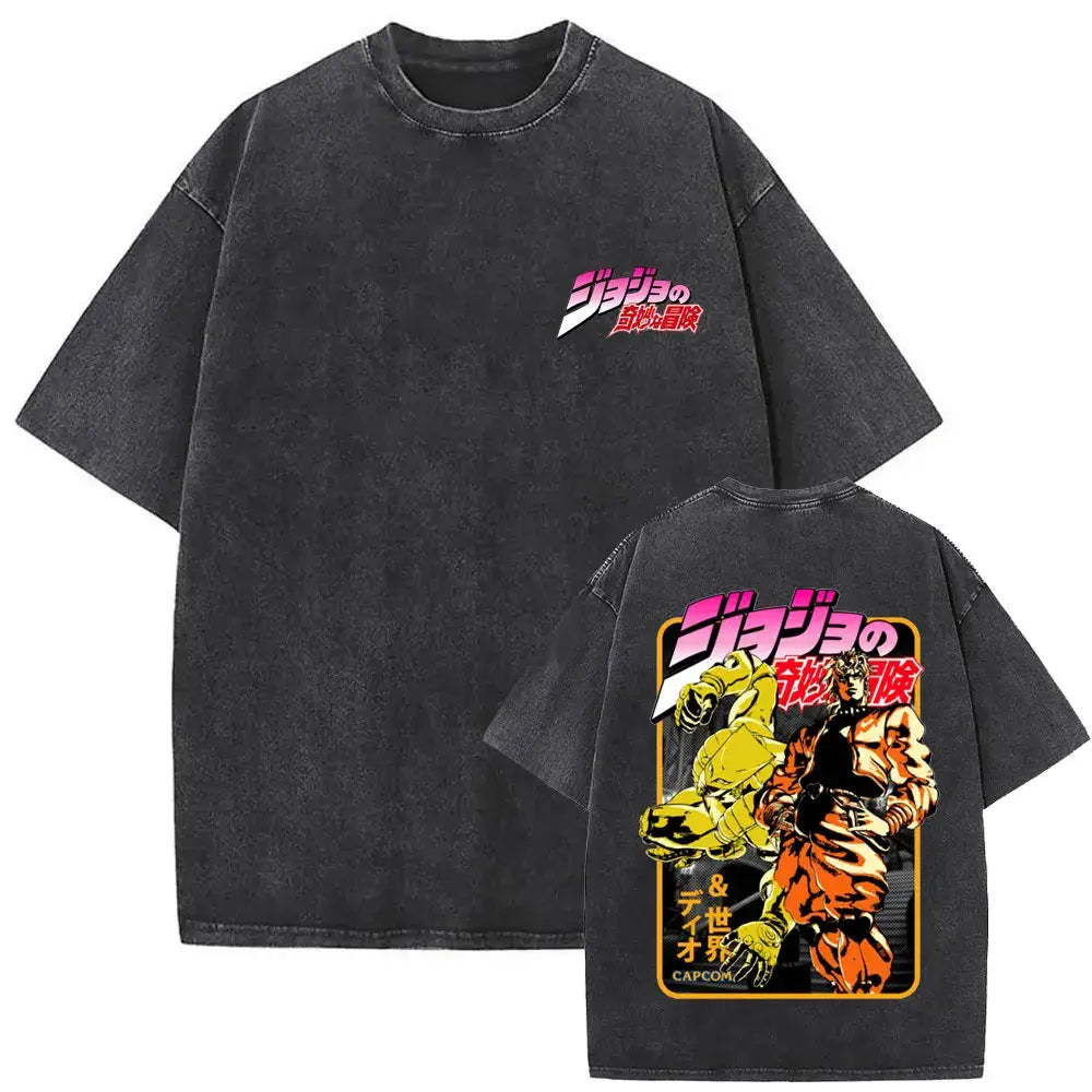 A washed Jojo Bizarre Adventure Vintage T-shirt featuring high-quality manga prints of Jotaro Kujo, Dio, and Giorno for men and women.
