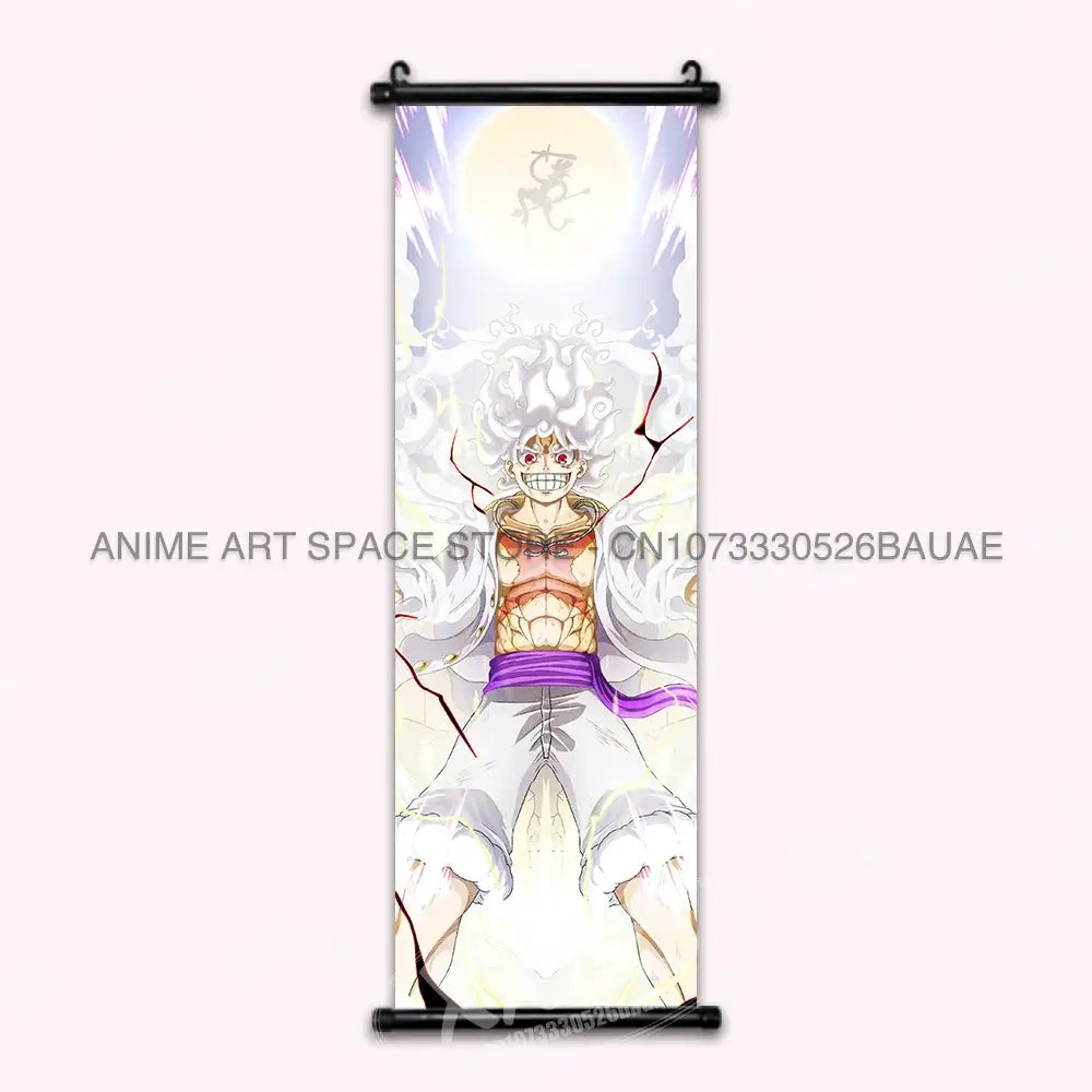 A vibrant One Piece Hanging Painting featuring anime characters Monkey D. Luffy, Portgas D. Ace, Sabo, and Shanks on a canvas scroll for home decor.