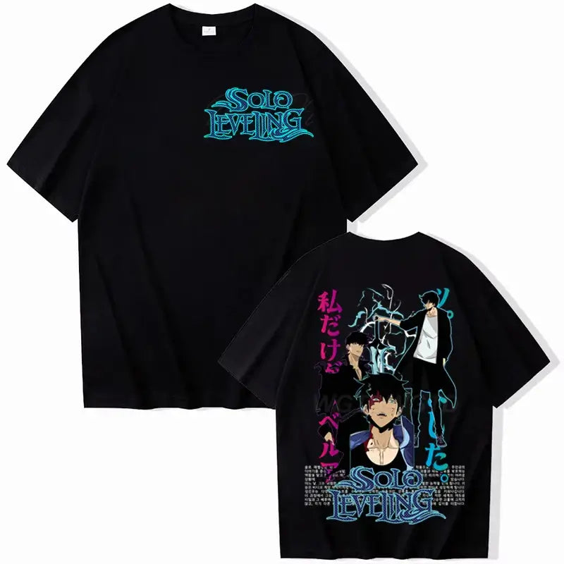 A cool black Solo Leveling T-shirt made of cotton, featuring a high-definition Sung Jinwoo anime graphic in Harajuku street style for men and women.