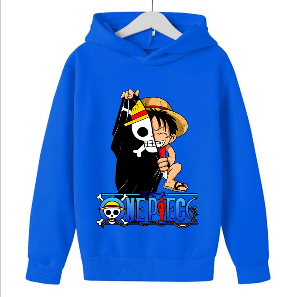 A 2025 New Anime One Piece Hoodies for Kids, a fashion Luffy pullover and hip hop coat for boys' clothing and cosplay.