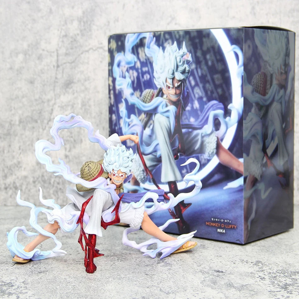 A detailed 20cm One Piece Luffy Figures statue showing Monkey D. Luffy in a dynamic battle style pose, made of PVC for anime collections.