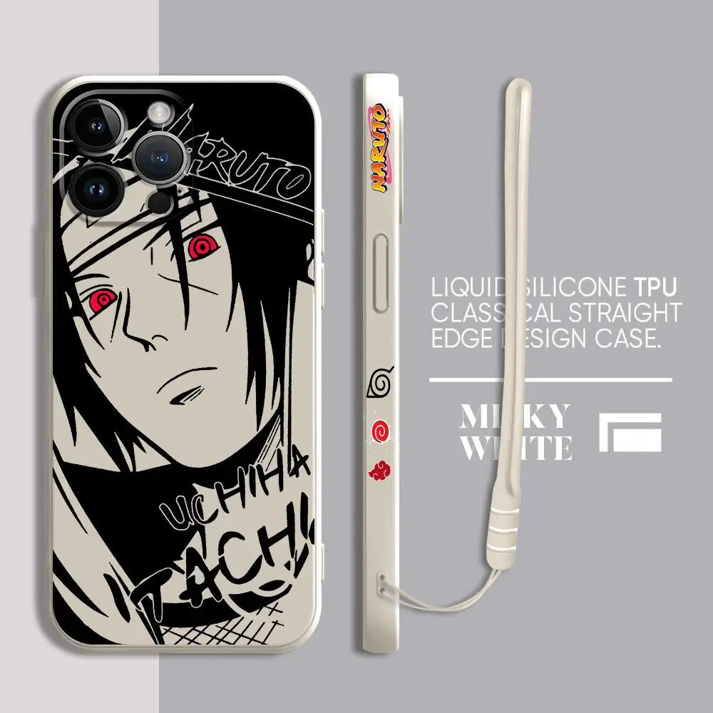 A premium Kakashi Itachi Phone Case featuring square liquid silicone design and anime art for Apple iPhone 15, 14, and 13 Pro Max.